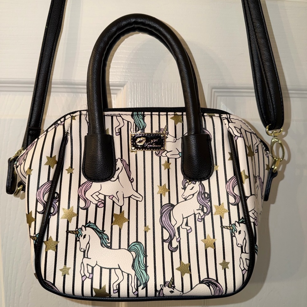Betsey Johnson Black & White Unicorn Satchel with Pastel Accents